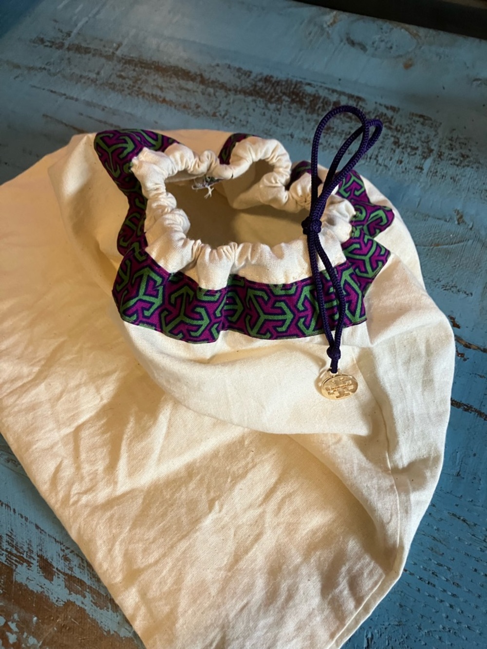 Tory Burch Cream Drawstring Travel Pouch with Purple & Green Trim